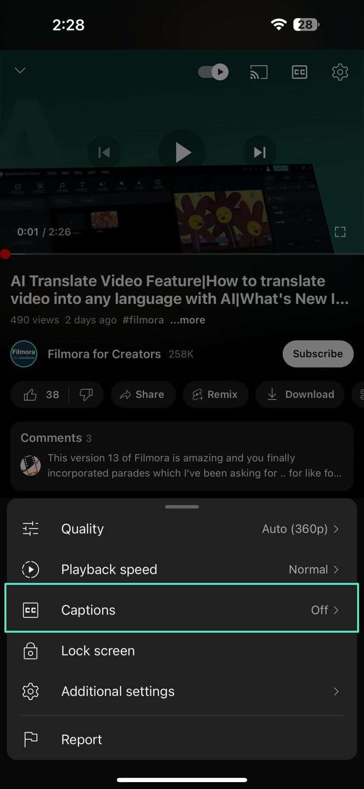 tap the captions option