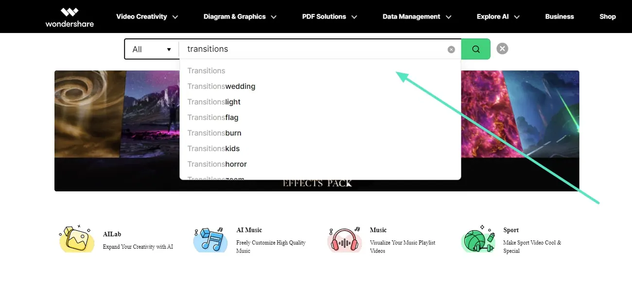 Procure os efeitos de transição pretendidos