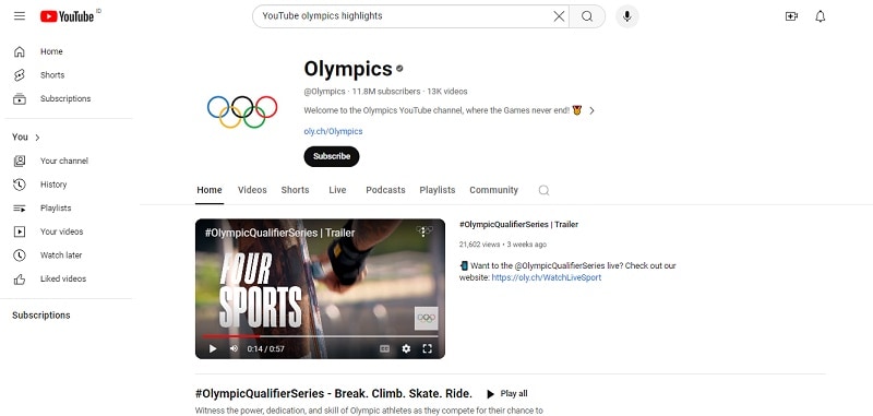 canale delle olimpiadi di youtube come fonte per gli highlight delle olimpiadi