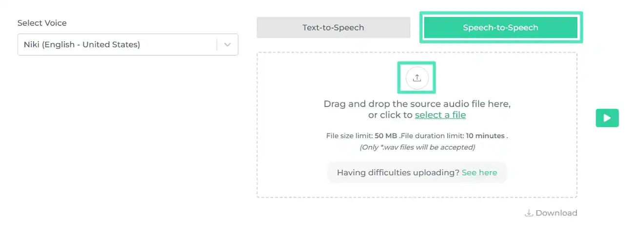 upload file for speech to speech