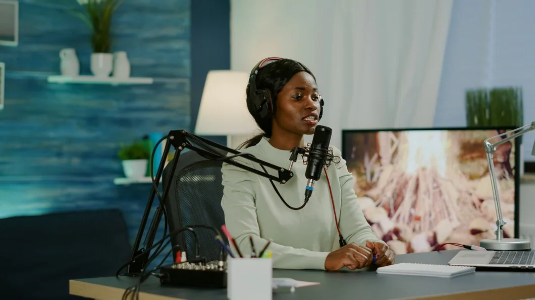 a woman recording her voice