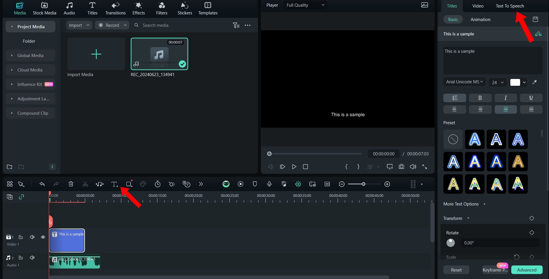 text-to-speech button in filmora editing suite