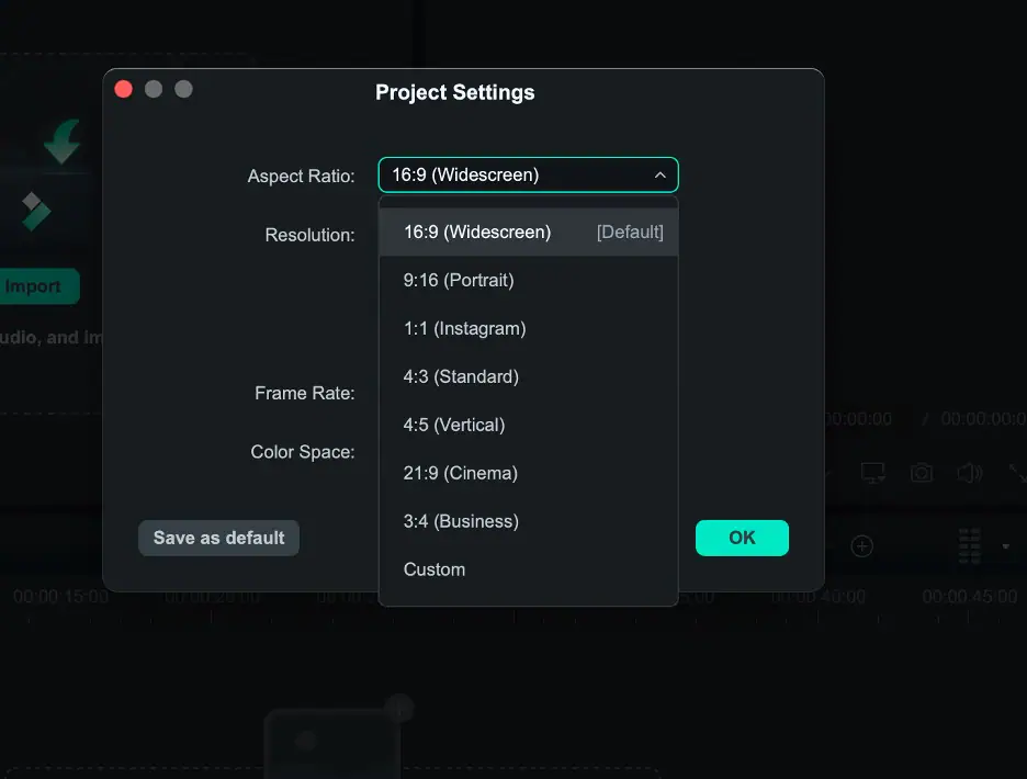 Configuración de relación de aspecto de Filmora.