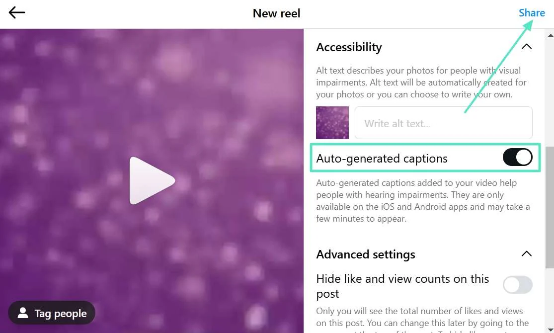 enable auto generated captions and share