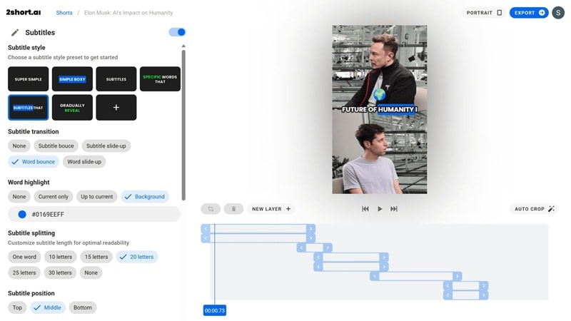 2short ai main editing interface