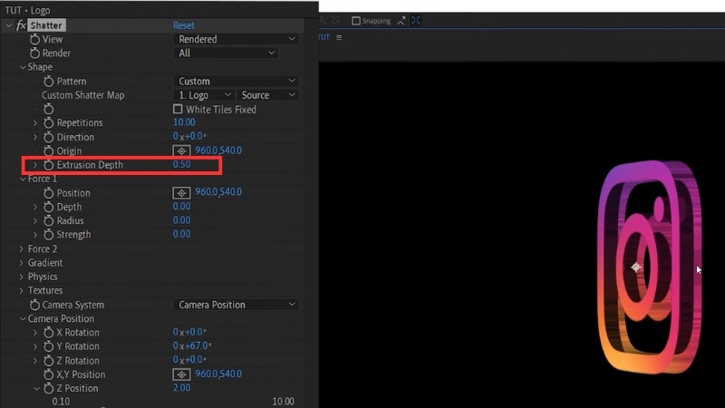 set the extrusion depth to 0.5