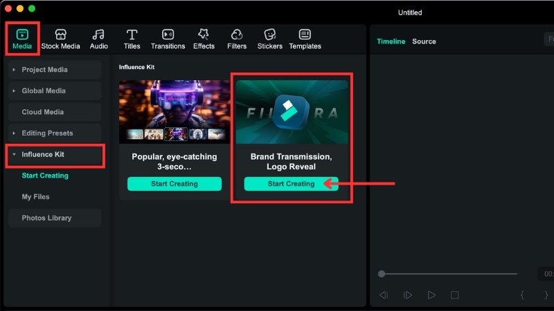 go to logo reveal in influence kit