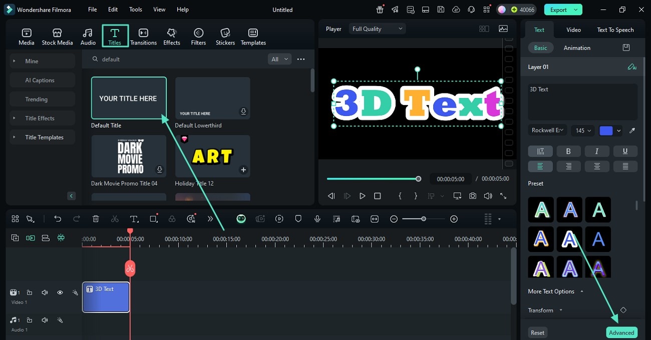 manually add title shift advanced tab
