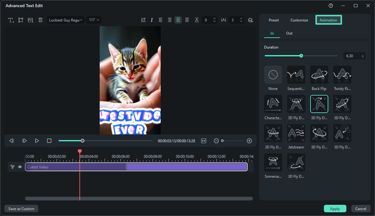 choose animation style on 3d text