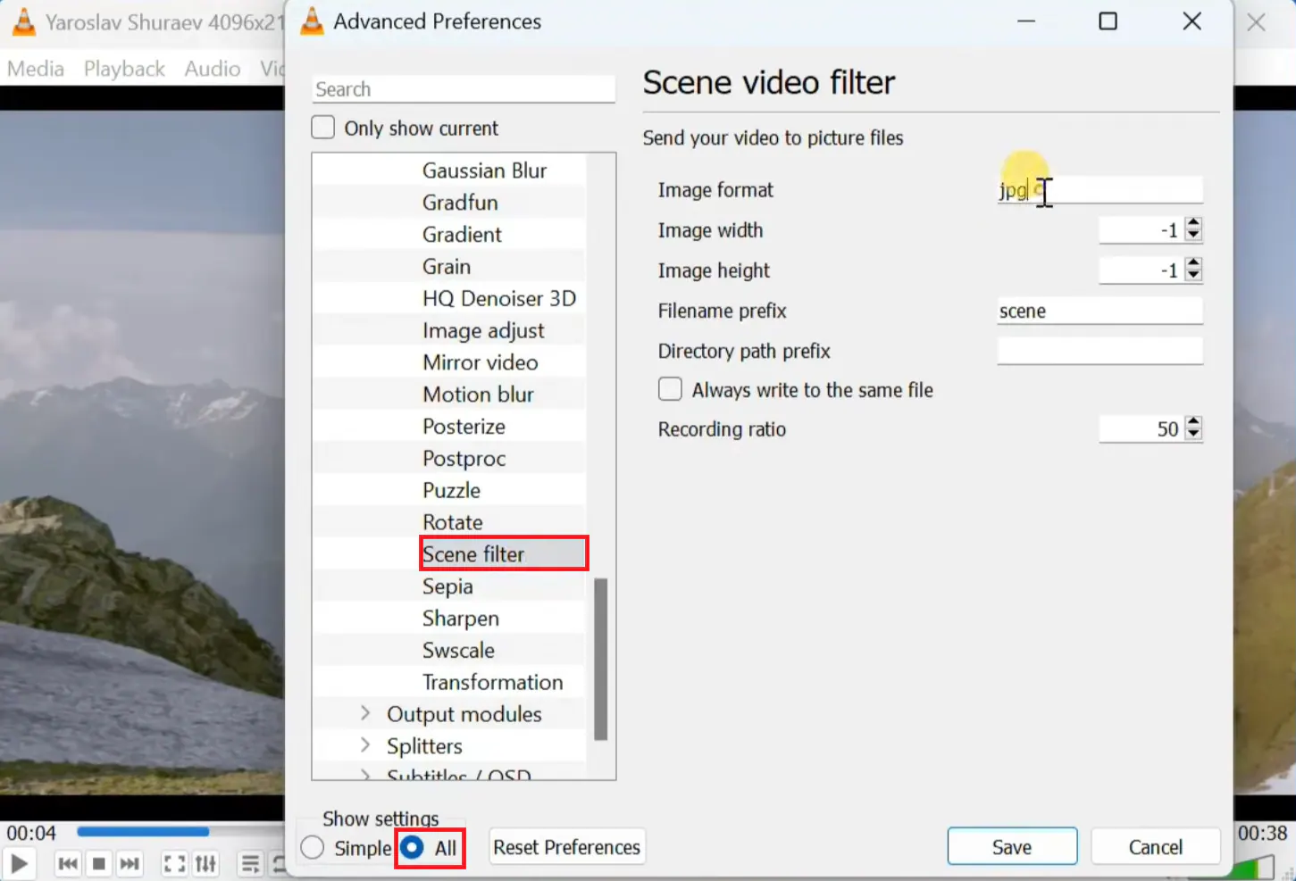 navega hasta el filtro de escena en vlc