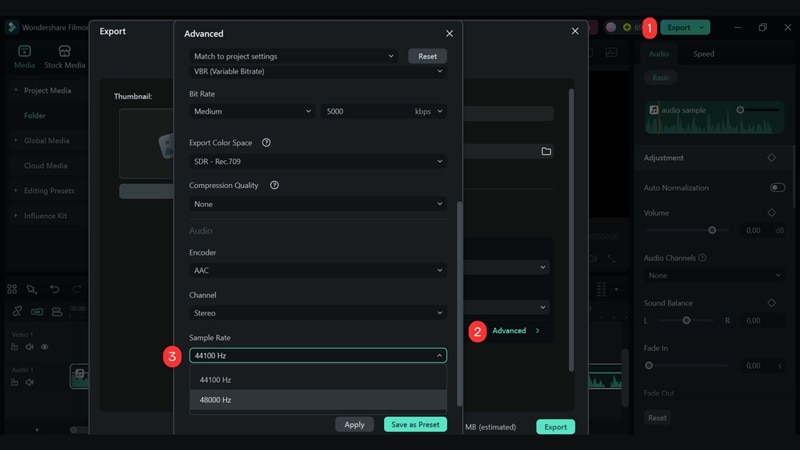 select sample rate and export