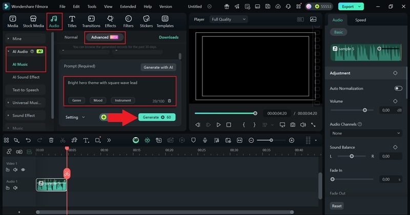 generate 8 bit music with filmora
