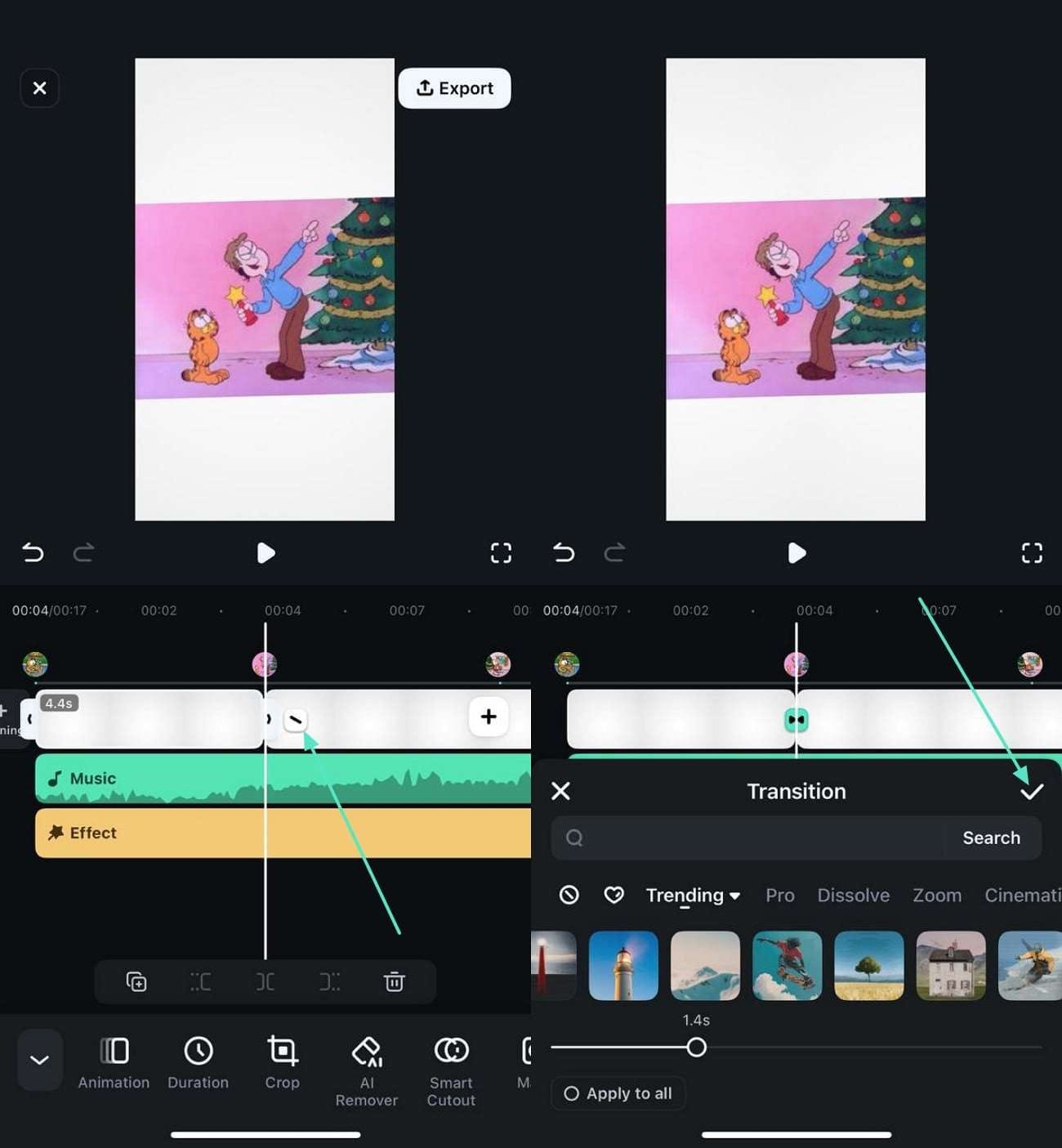 add transitions after trim