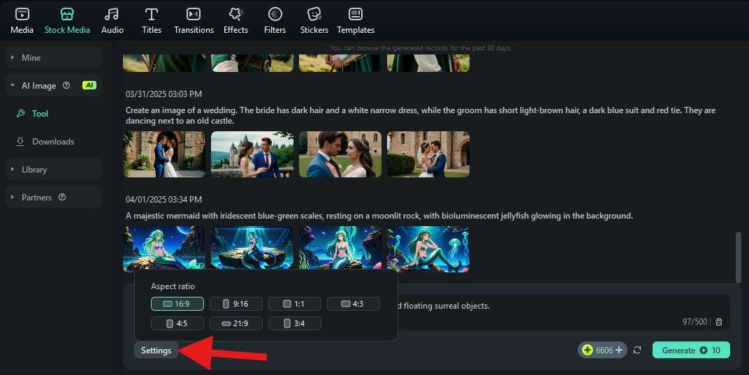 set ai image aspect ratio filmora