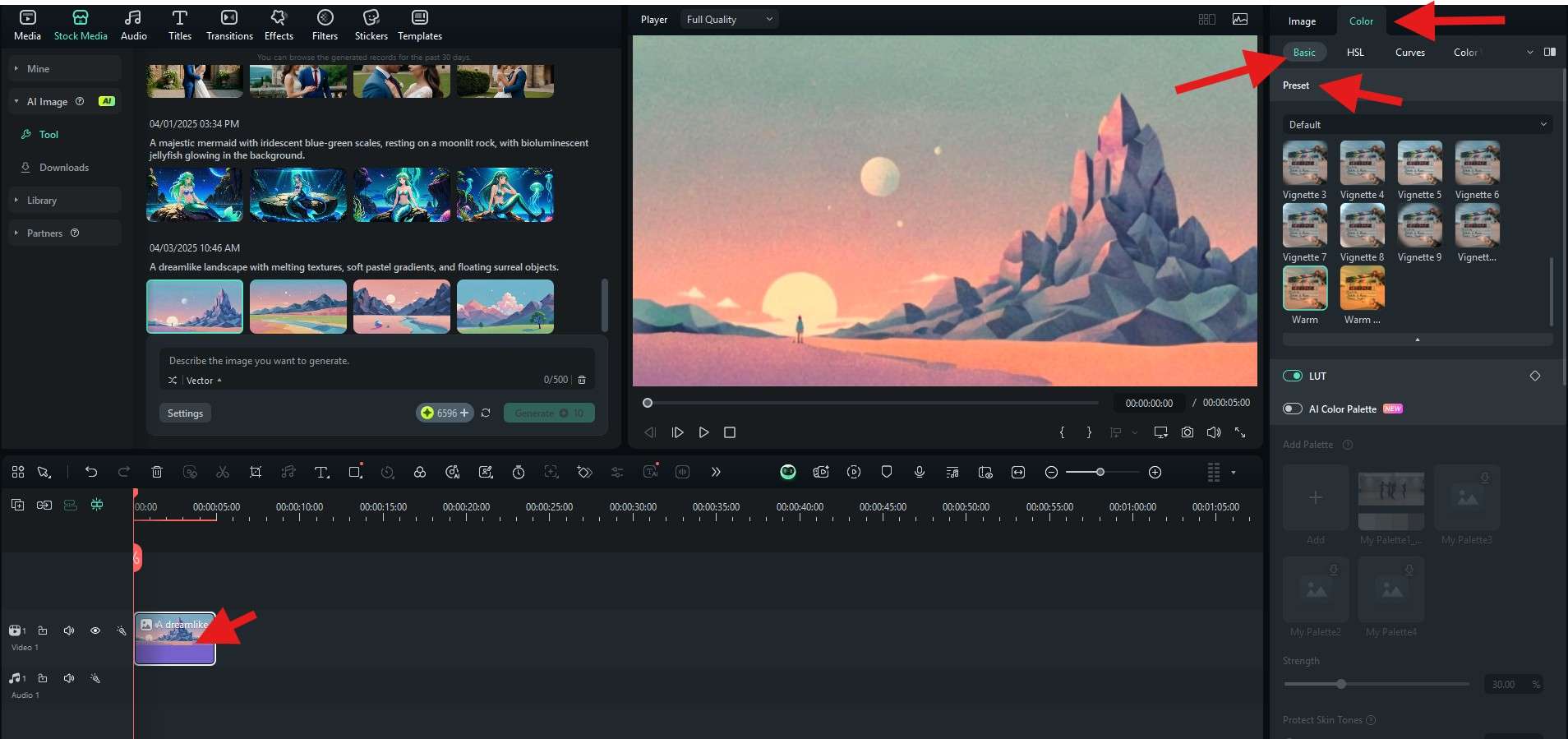 adjust color presets ai image filmora