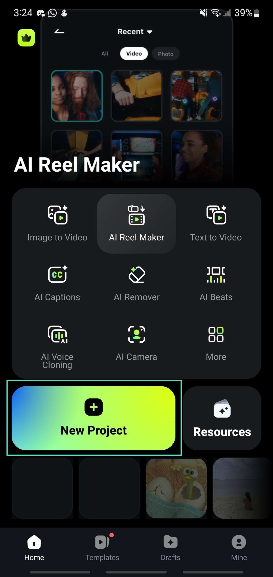 initiate new project using filmora app