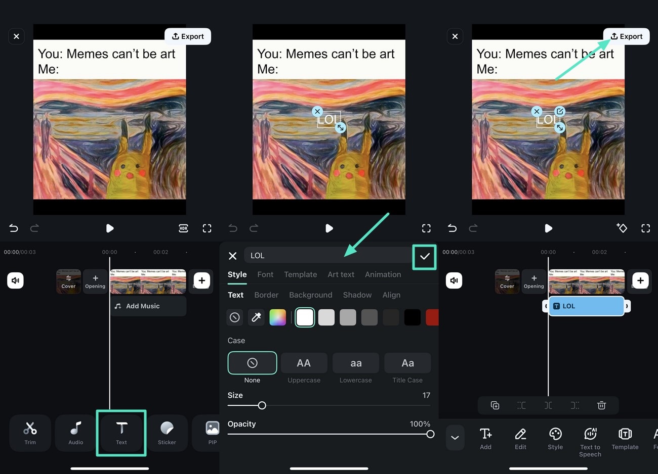 change text and hit export