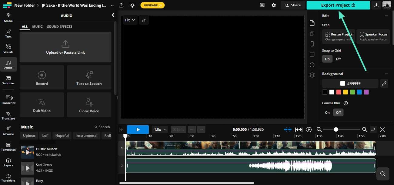 appliquer la musique et exporter kapwing