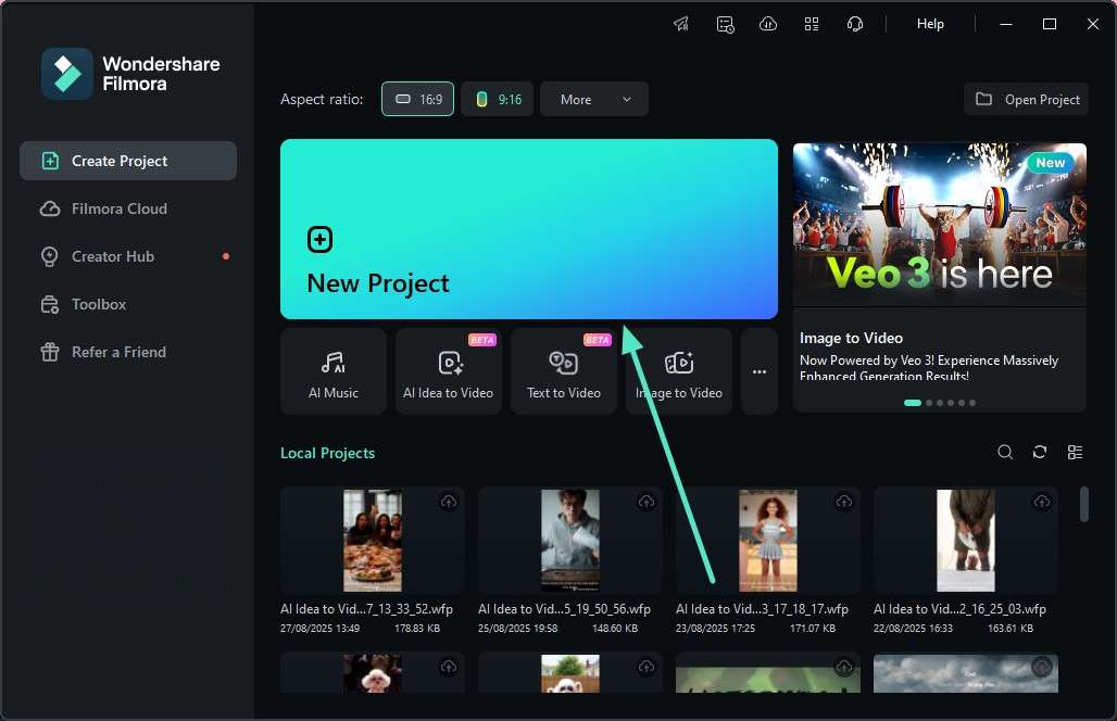create filmora new project