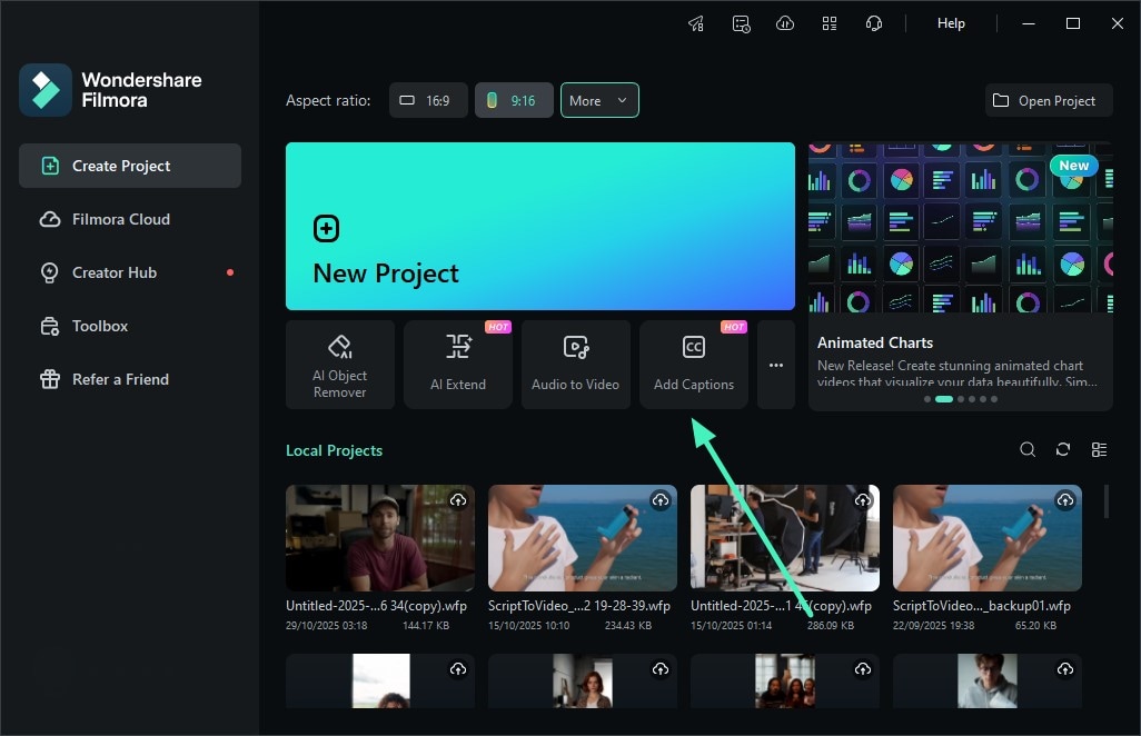 launch filmora press add captions