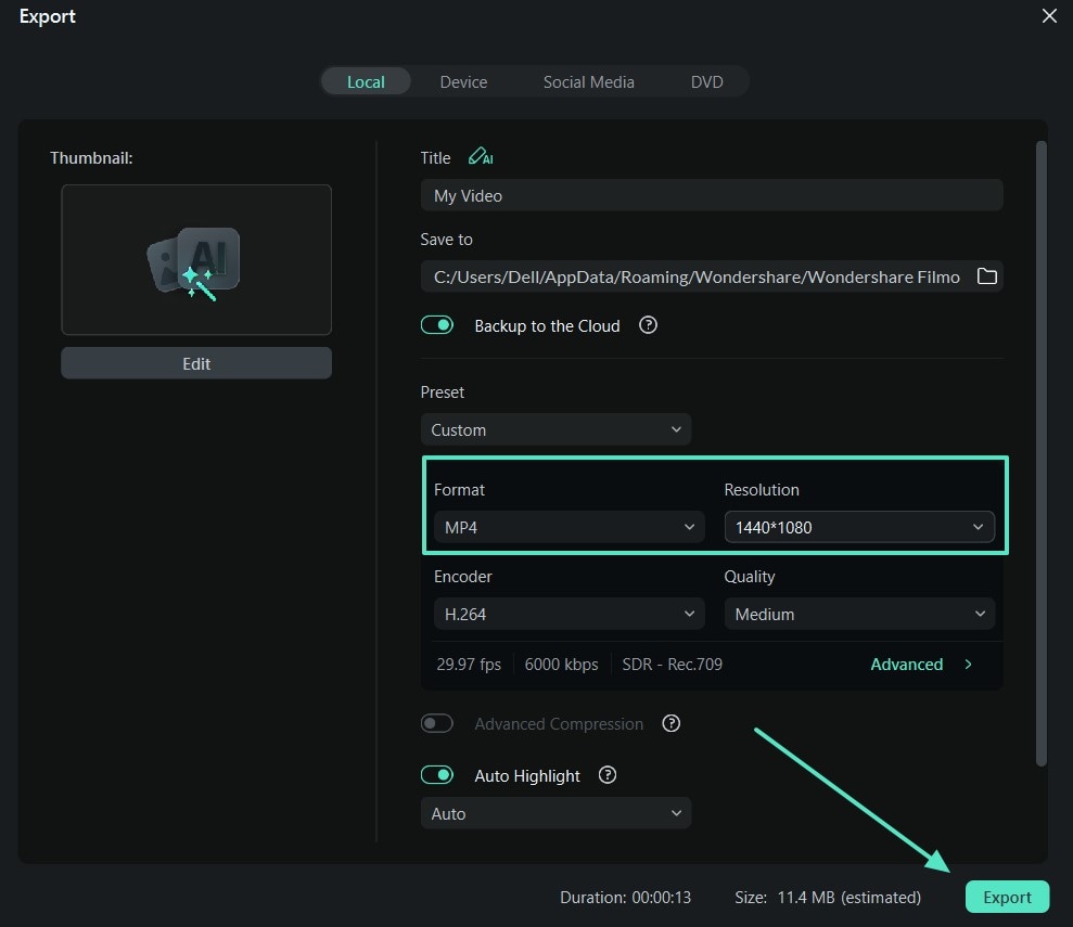 set file format and resolution export