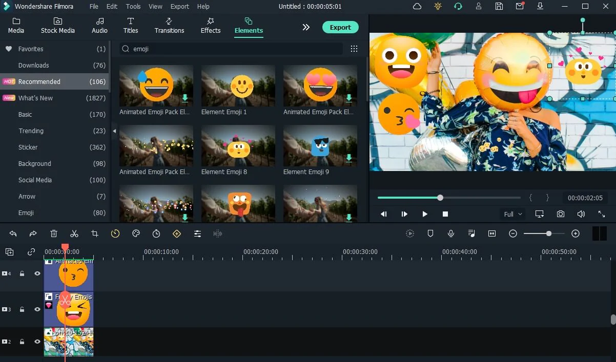 adicione emoji às fotos com o filmora