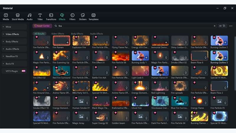 fire effects collection library in filmora
