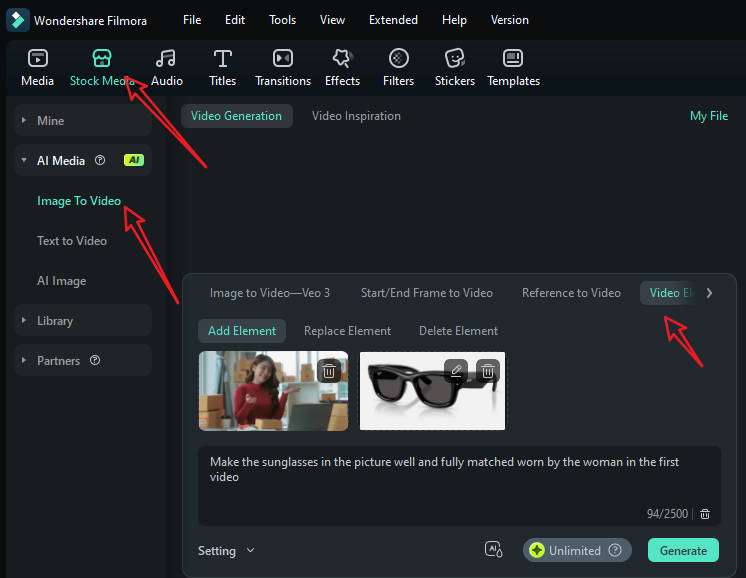 find ai video element editing feature in filmora