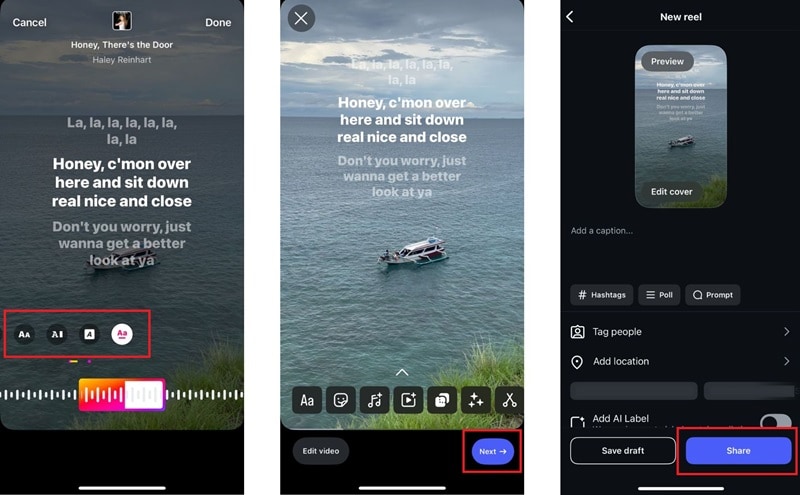 add lyrics to instagram reels
