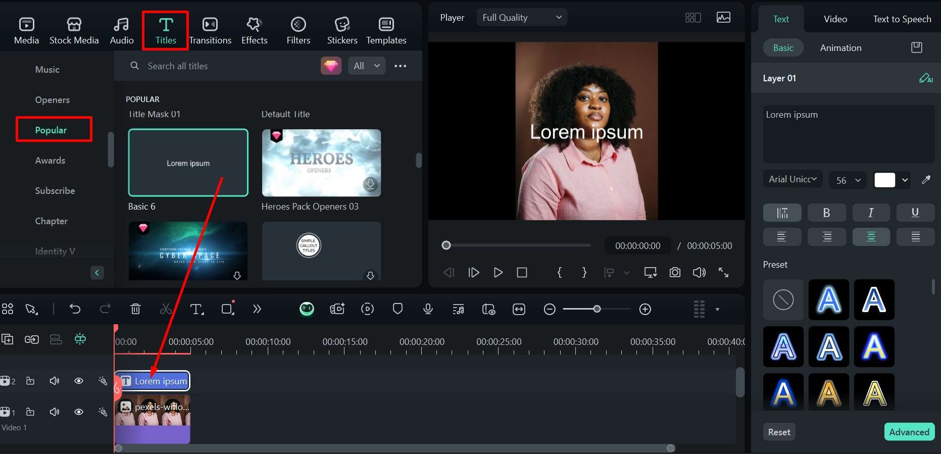 filmora add titles