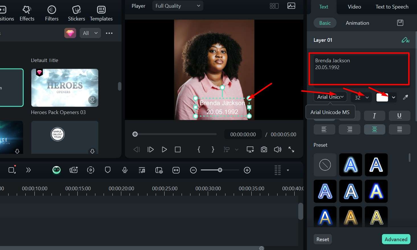 filmora text customization options