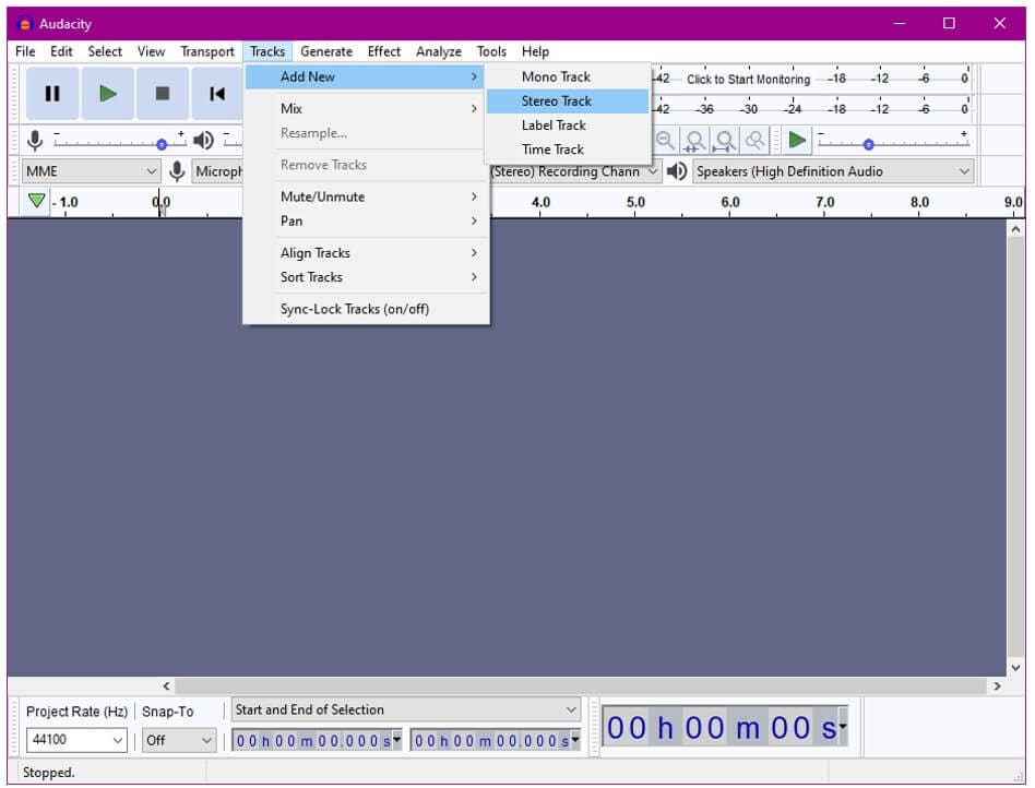 إضافة مسار جديد في audacity