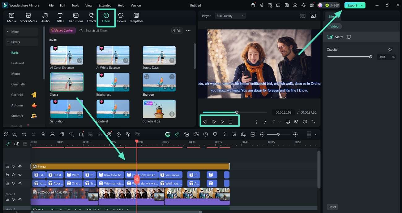 insert filters and hit export
