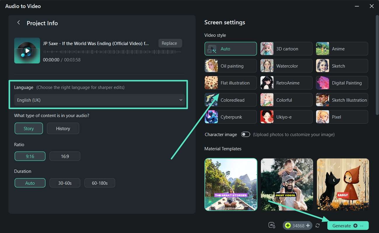 set language to generate audio to video