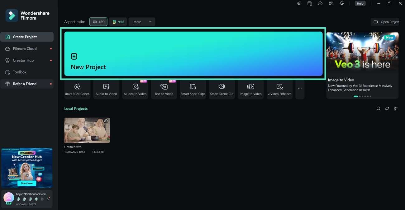 start new project filmora desktop
