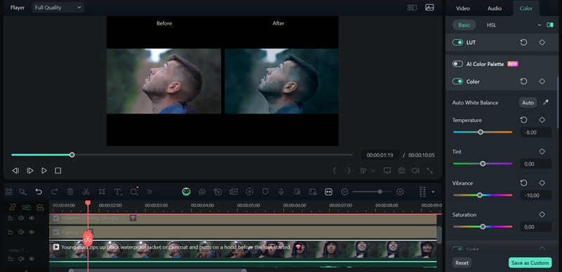 adjust color grading for raining video