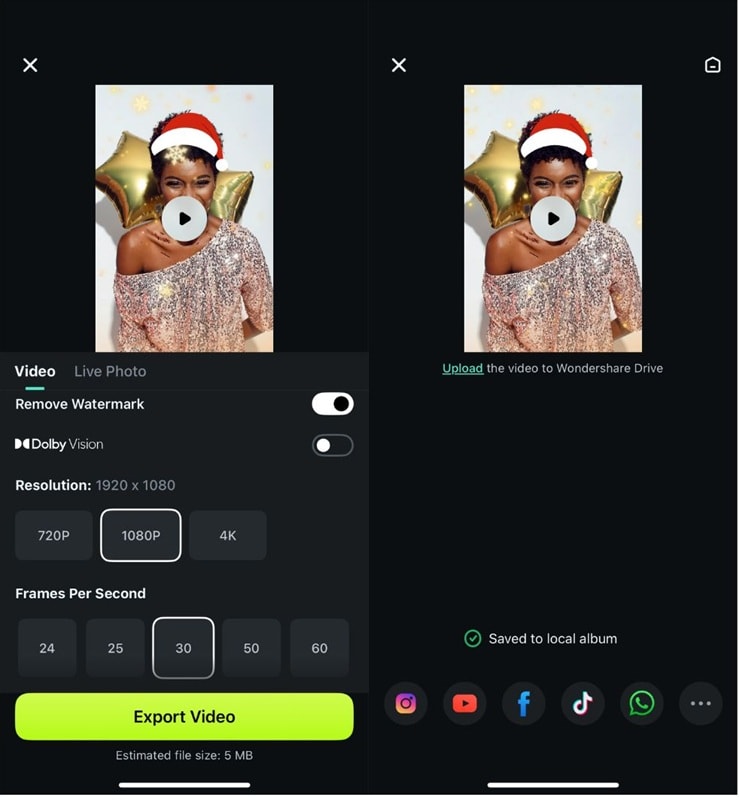 export the result from filmora app