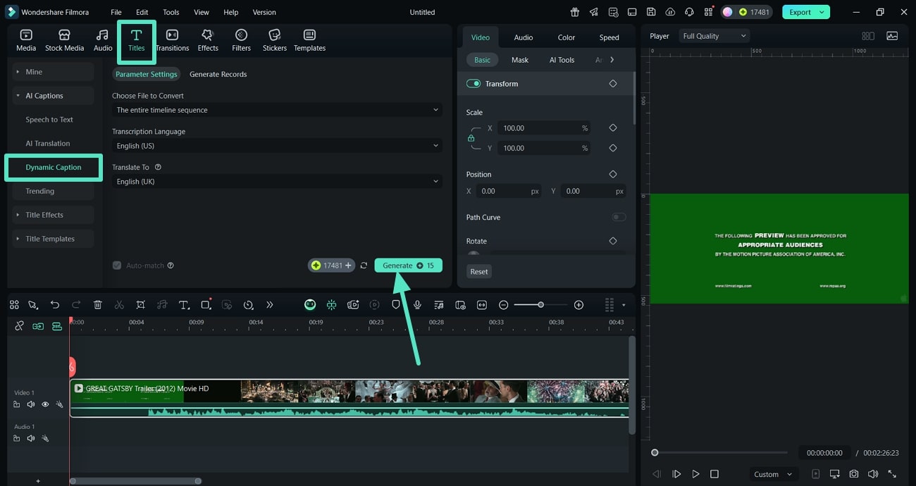 open dynamic captions filmora