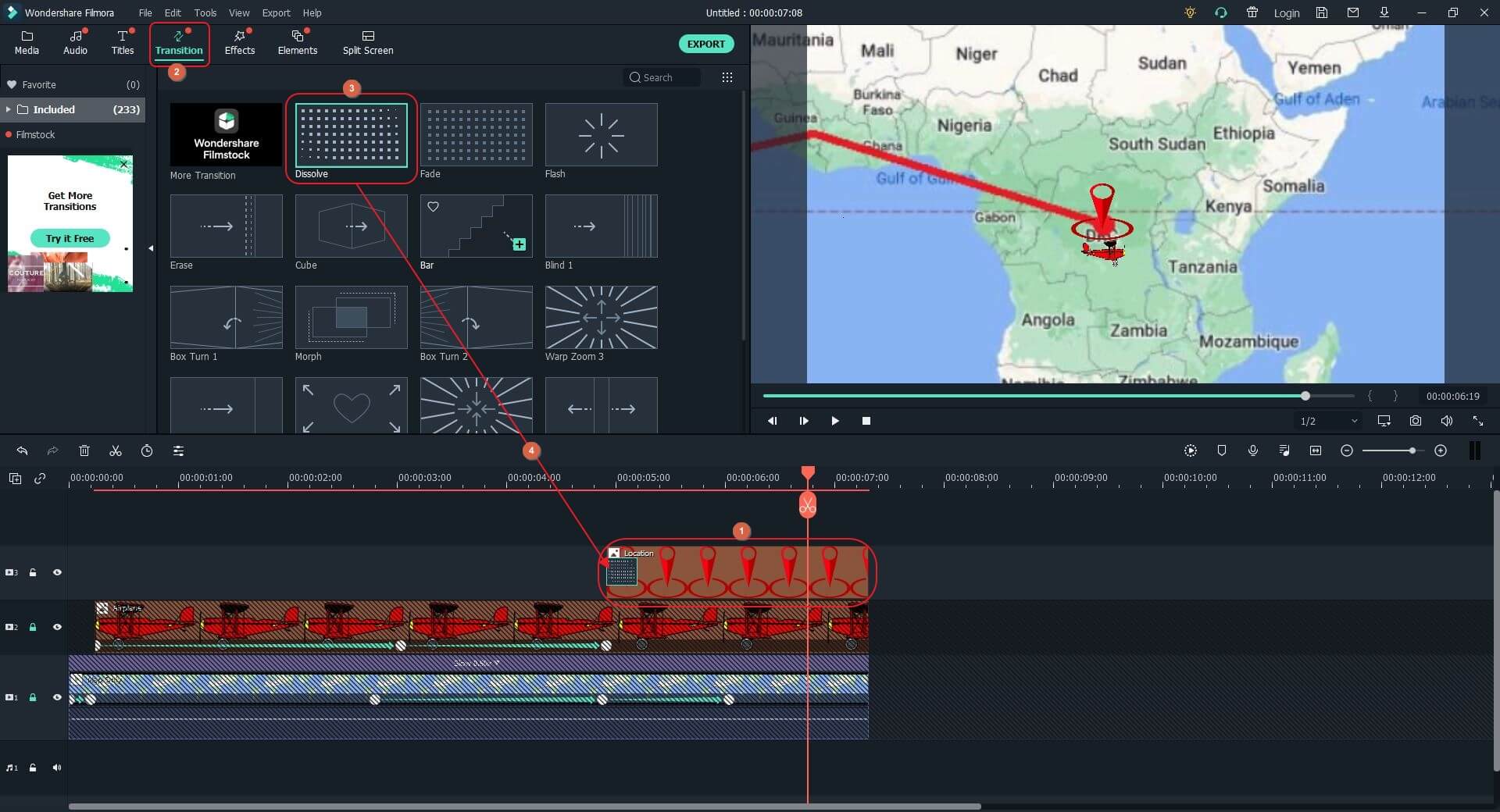 add transitions  to animated travel map in Filmora X