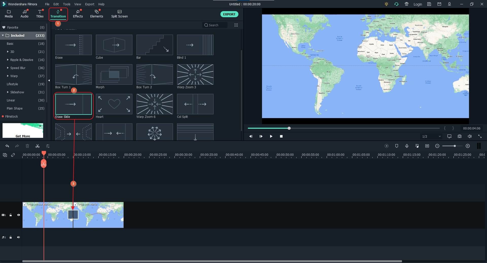 add transitions to animated travel map in Filmora