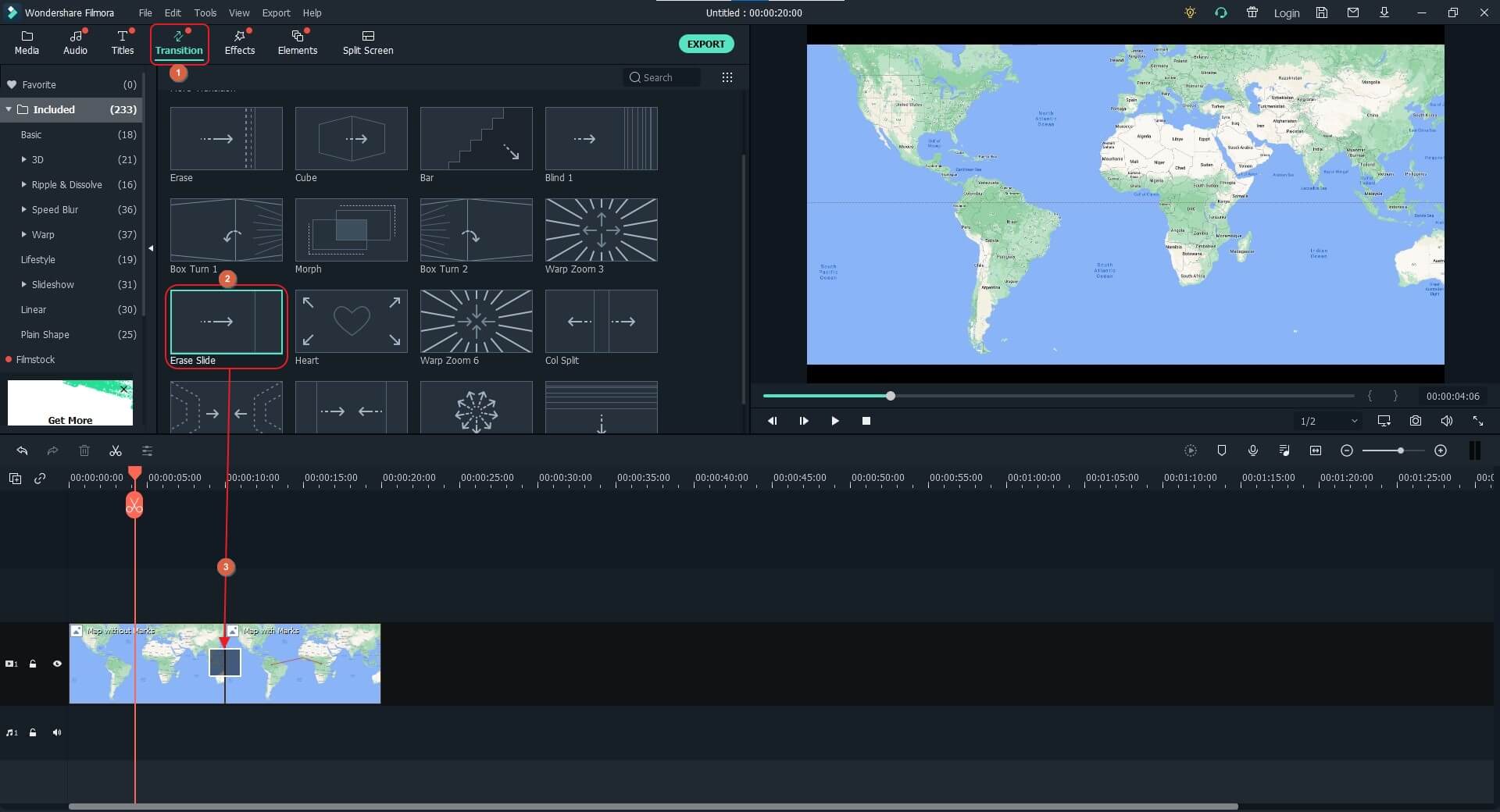 إضافة انتقالات إلى خريطة السفر المتحركة في Filmora