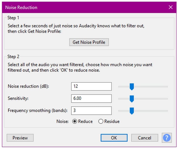 Audacity  noise  reduction level