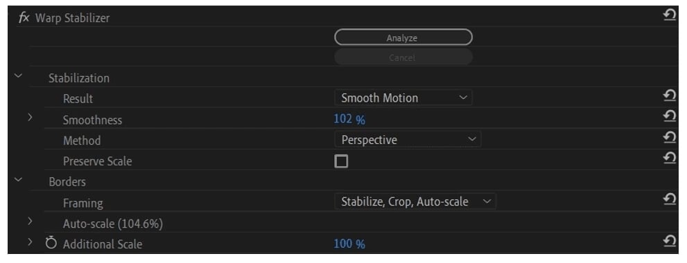 ضبط إعدادات الثبات في warp stabilizer في premiere pro