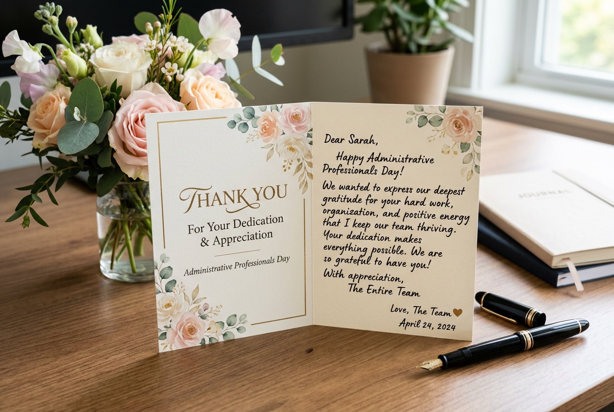 Crafting a thank you message with administrative professionals day AI photo prompts