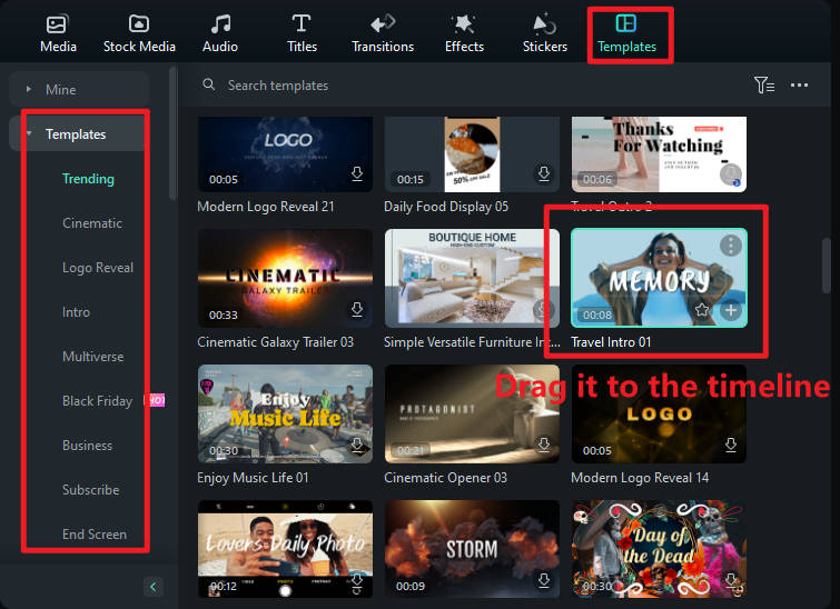 Templates and presets that are ready to use from Filmora