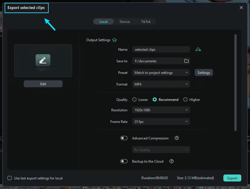 Batch export for easy selection in filmora.