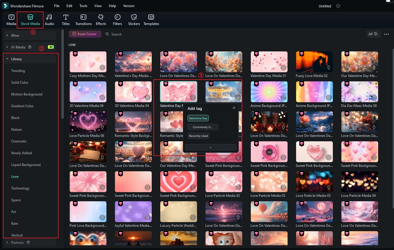 Built in stock media library to pick from in Filmora.