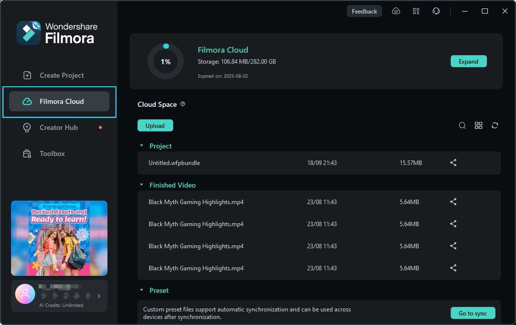 Cloud project sync tool from filmora.