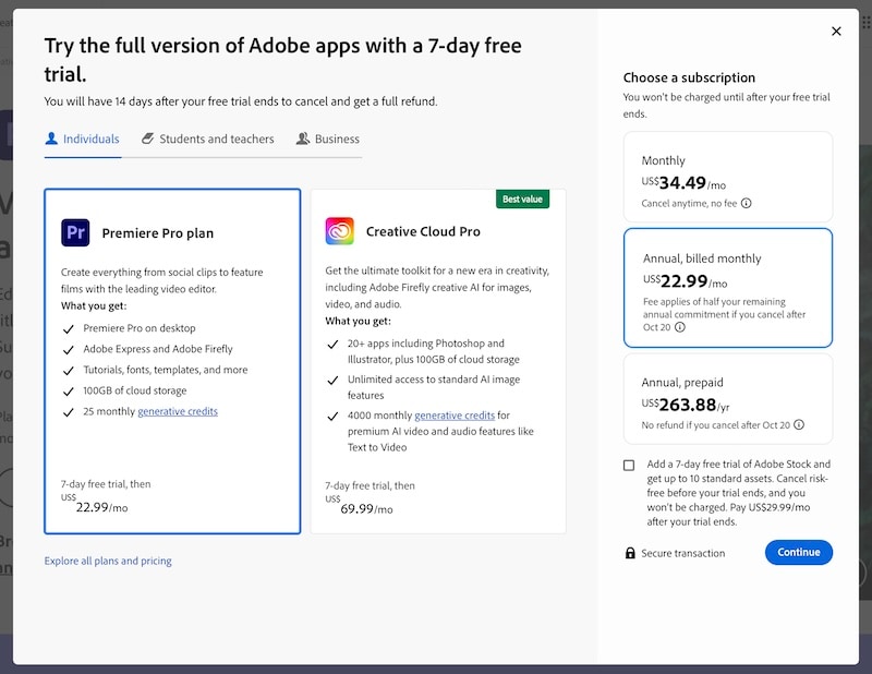 adobe premiere pro plan options
