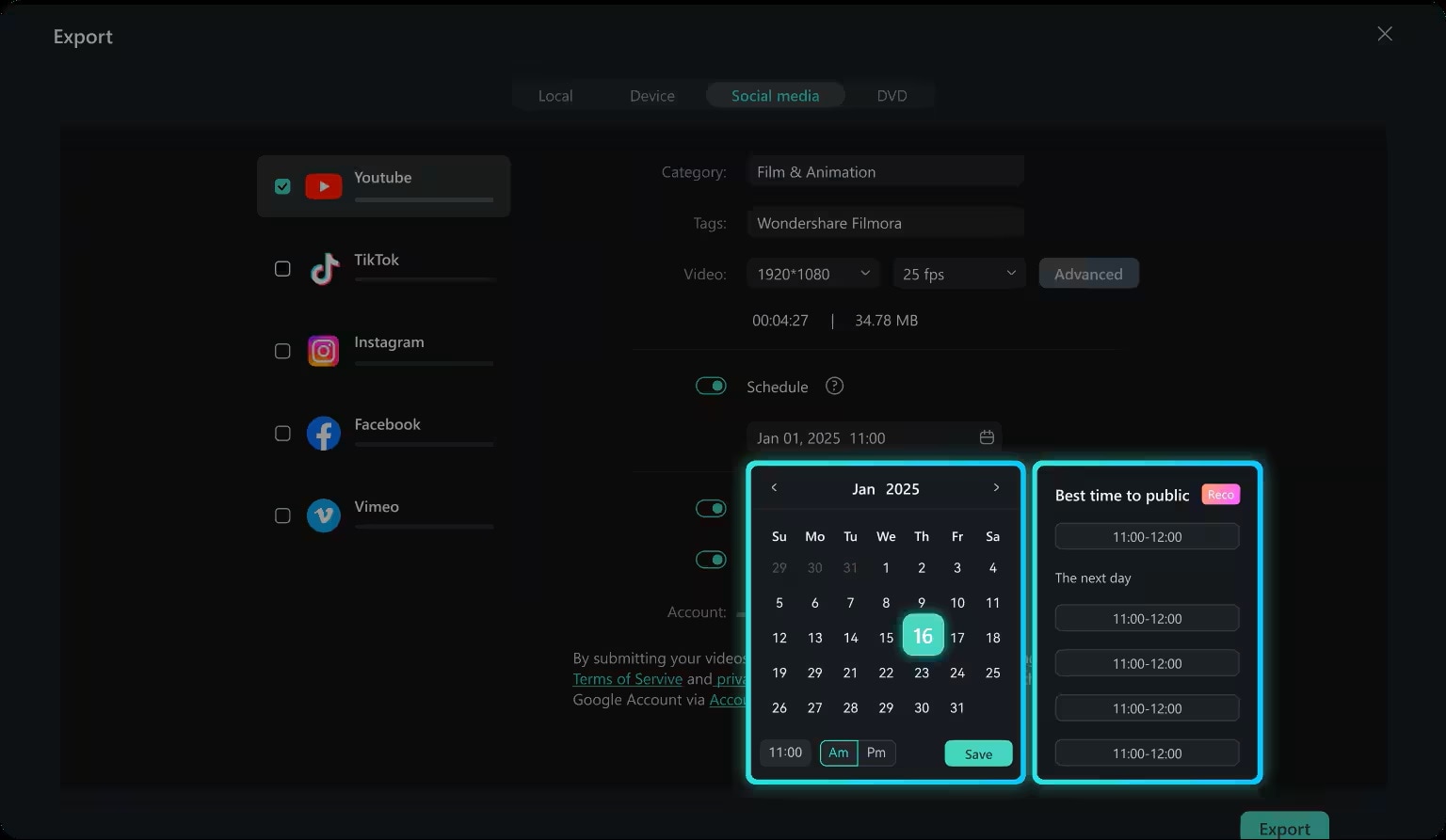 publish your video with filmora social media planner